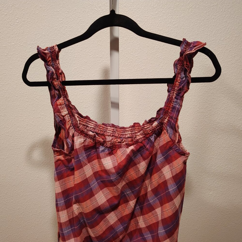 Y2K Vintage OP Junior's Plaid Tank Top Large Purple Pink Ruffle Straps Cotton - Picture 8 of 10